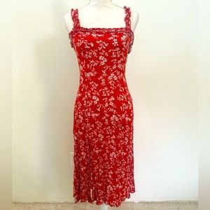 Lulus Garden Date Red Orange Floral Print Ruffle Midi Dress